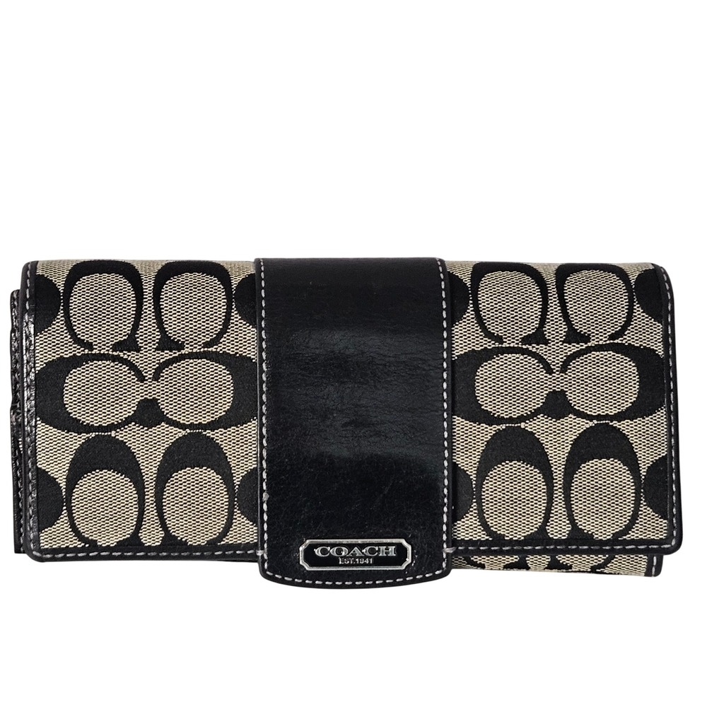 Coach Wallet Women Black Grey Signature C Monogram Bifold Pink Interior *